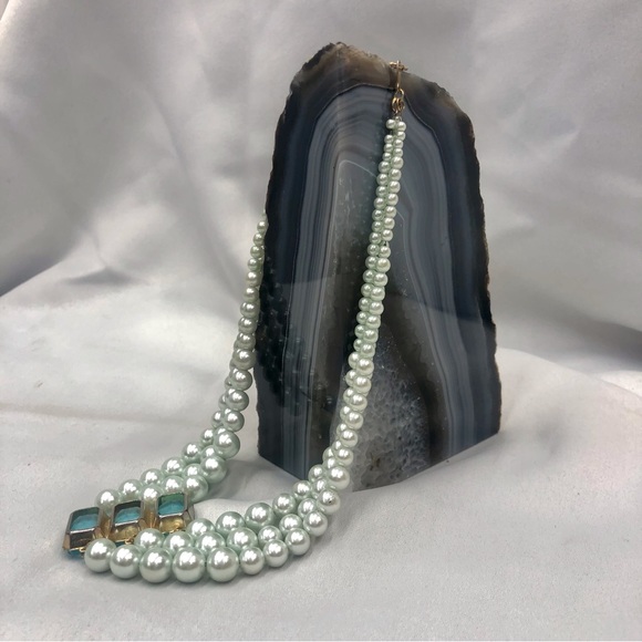 Vintage Faux Pearl Blue Glass 3 Strand Necklace - Picture 13 of 16